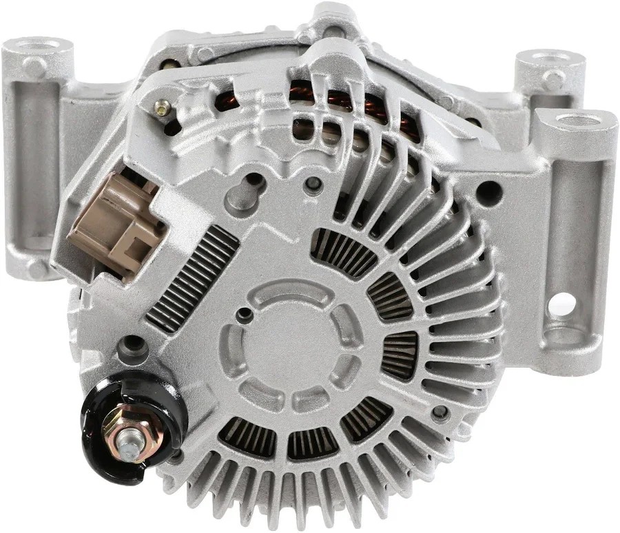Back photo of the alternator showing cooling fins, plug and B+ terminal