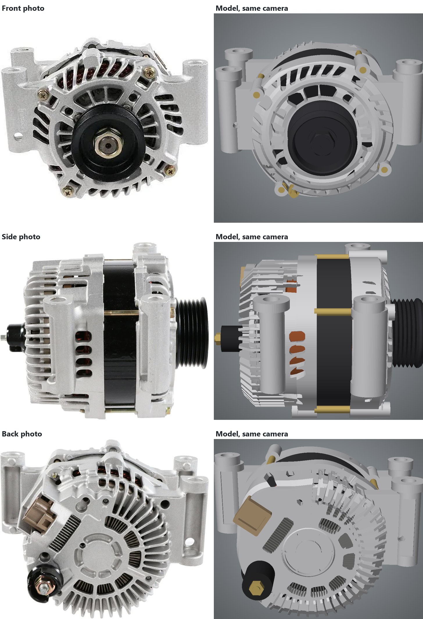 Each photo beside the model rendered from the same camera position