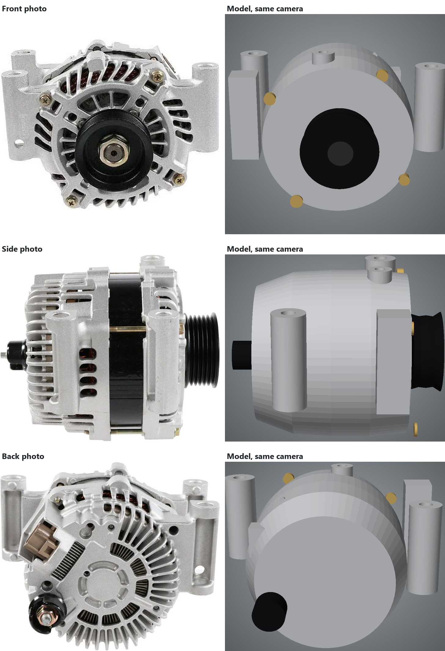 Each photo beside the simple-shapes model drawn from the same camera position